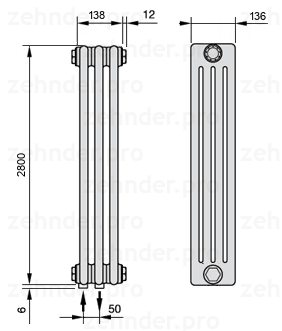 Схема (чертеж) Радиатор Zehnder Charleston 4280/3 №3470 Белый глянцевый RAL 9016